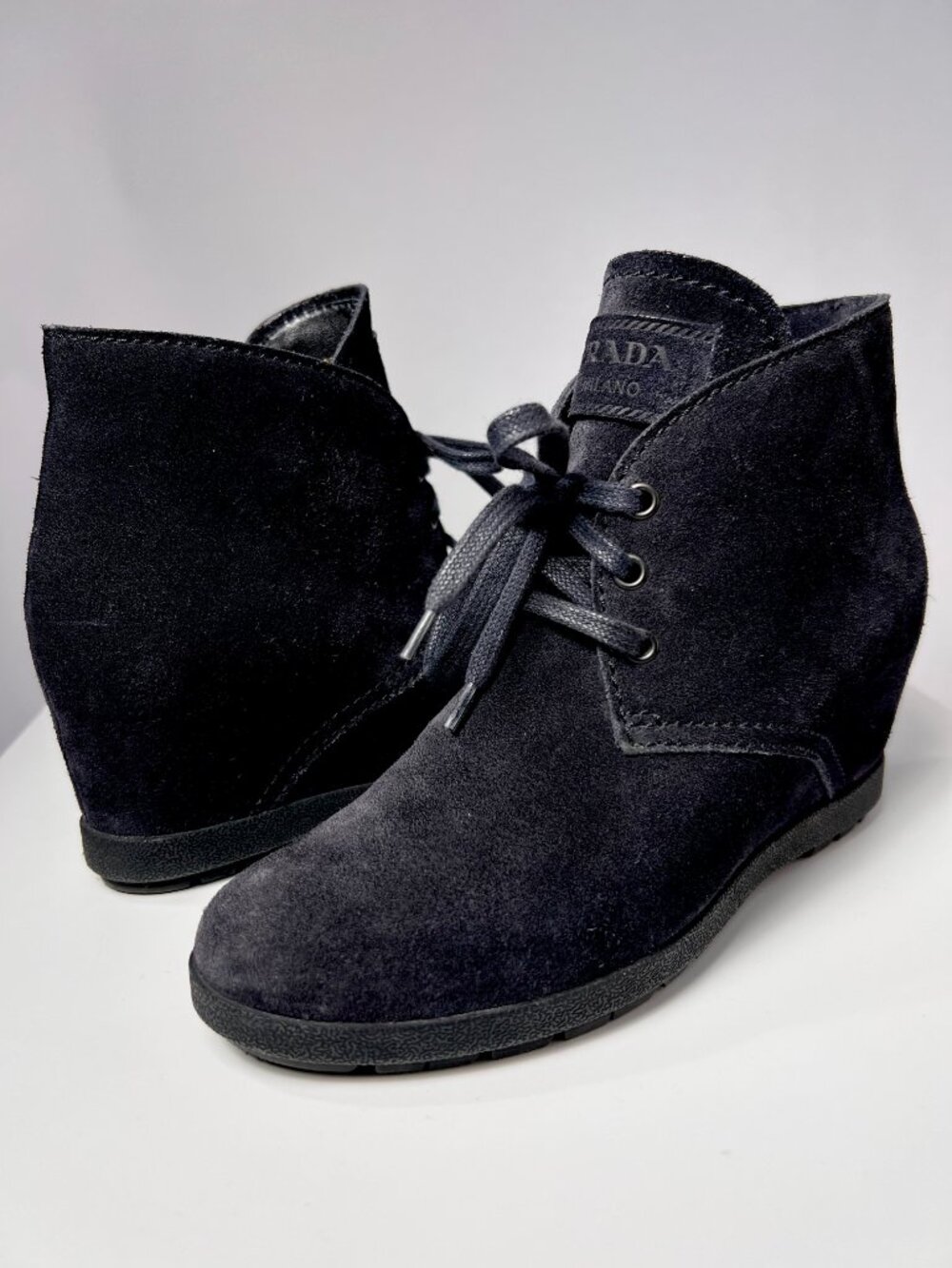 PRADA Black Suede Hidden Wedge Desert Booties Ankle Boots 3TZ037 Sz 5.5